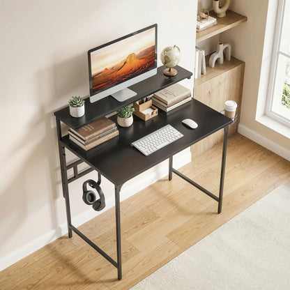 Computer Desk, 80cm Home Office Study Table with Hutch Shelf, Black