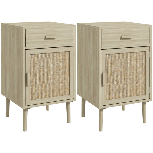 Bedside Tables Set of 2 with Drawer Cabinet Adjustable Shelf Natural