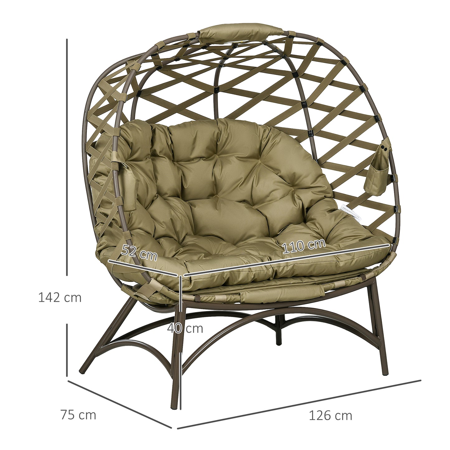 2 Seater Egg Chair Outdoor, Folding Weave Garden Furniture Chair with Cushion, Cup Pockets - Khaki