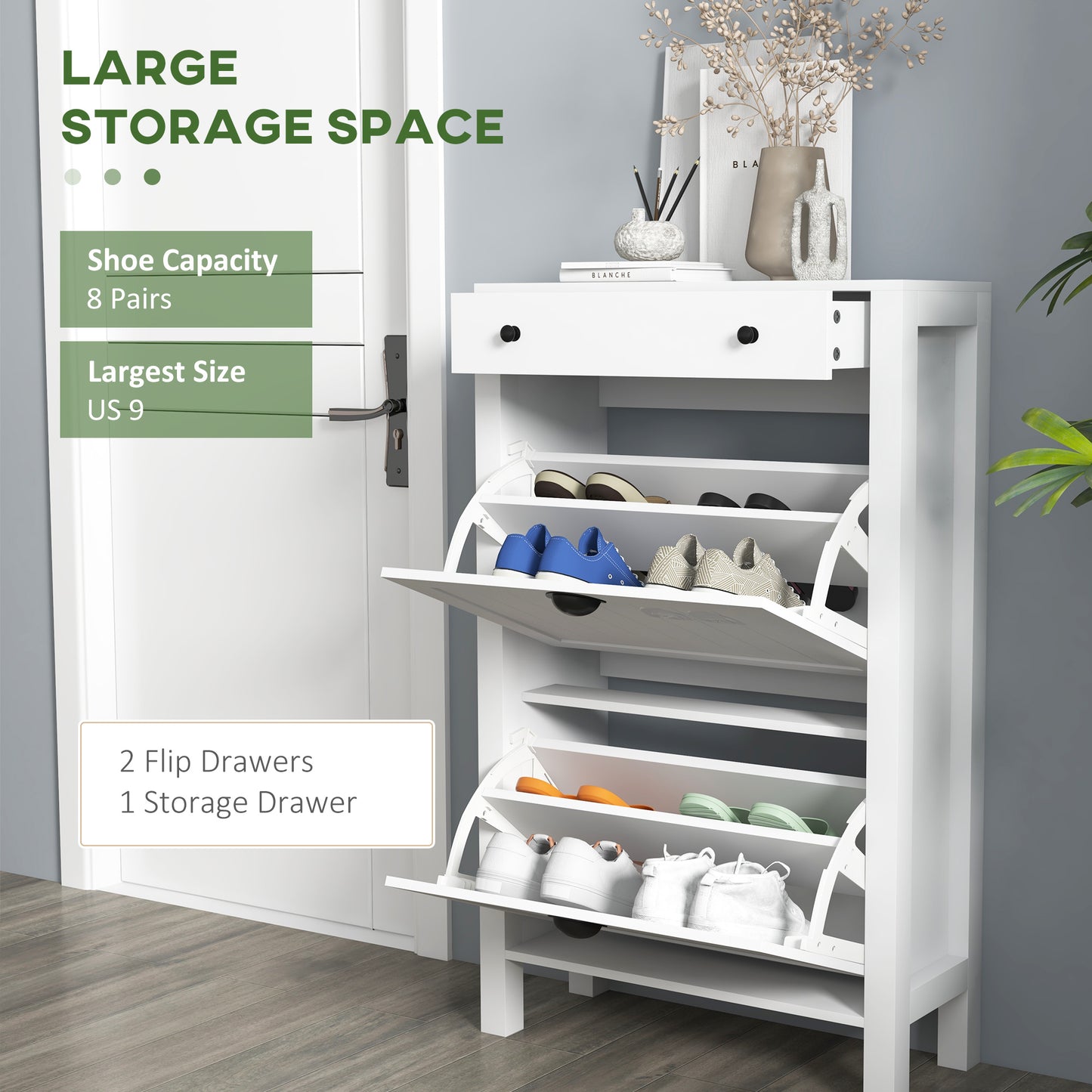 Narrow Shoe Cabinet with 2 Flip Drawers and Top Drawer, White