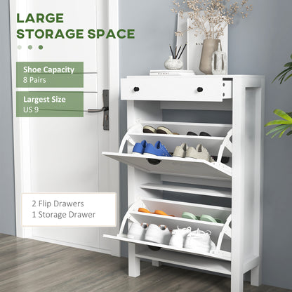 Narrow Shoe Cabinet with 2 Flip Drawers and Top Drawer, White