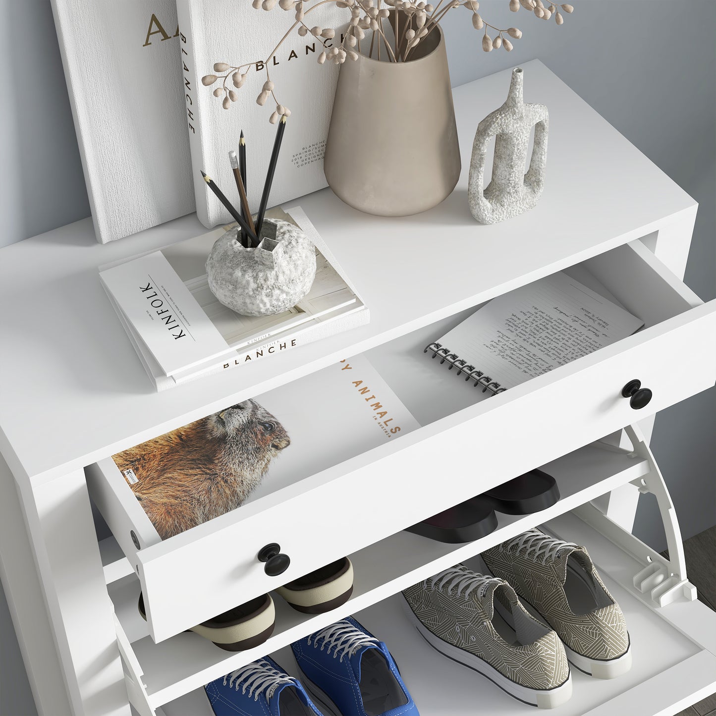 Narrow Shoe Cabinet with 2 Flip Drawers and Top Drawer, White