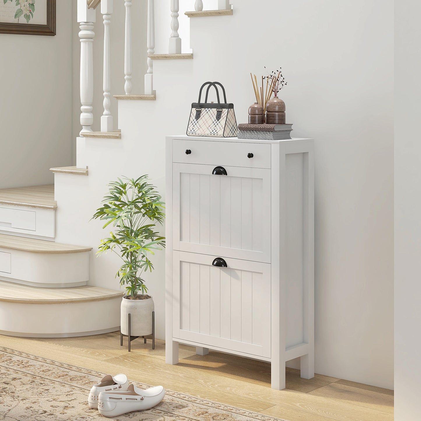 Narrow Shoe Cabinet with 2 Flip Drawers and Top Drawer, White