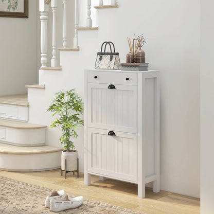 Narrow Shoe Cabinet with 2 Flip Drawers and Top Drawer, White