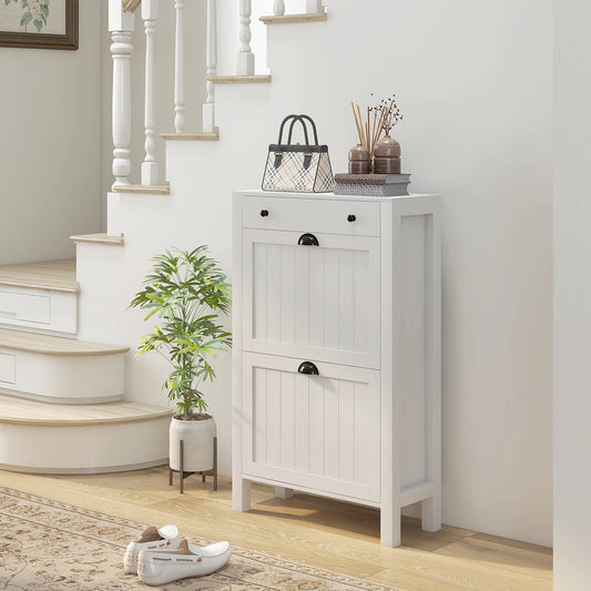 Narrow Shoe Cabinet with 2 Flip Drawers and Top Drawer, White