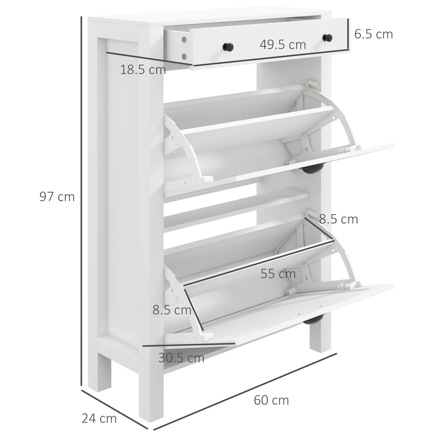 Narrow Shoe Cabinet with 2 Flip Drawers and Top Drawer, White