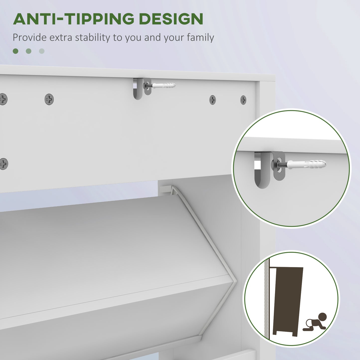Narrow Shoe Cabinet with 2 Flip Drawers and Top Drawer, White