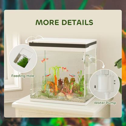 Fish Tank, 26L Glass Aquarium with Filter System, LED Lights, Water Pump, Small Fish Tank for Betta Fish, Goldfish, Shrimps, White