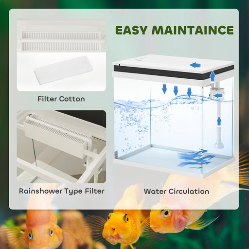 Fish Tank, 26L Glass Aquarium with Filter System, LED Lights, Water Pump, Small Fish Tank for Betta Fish, Goldfish, Shrimps, White