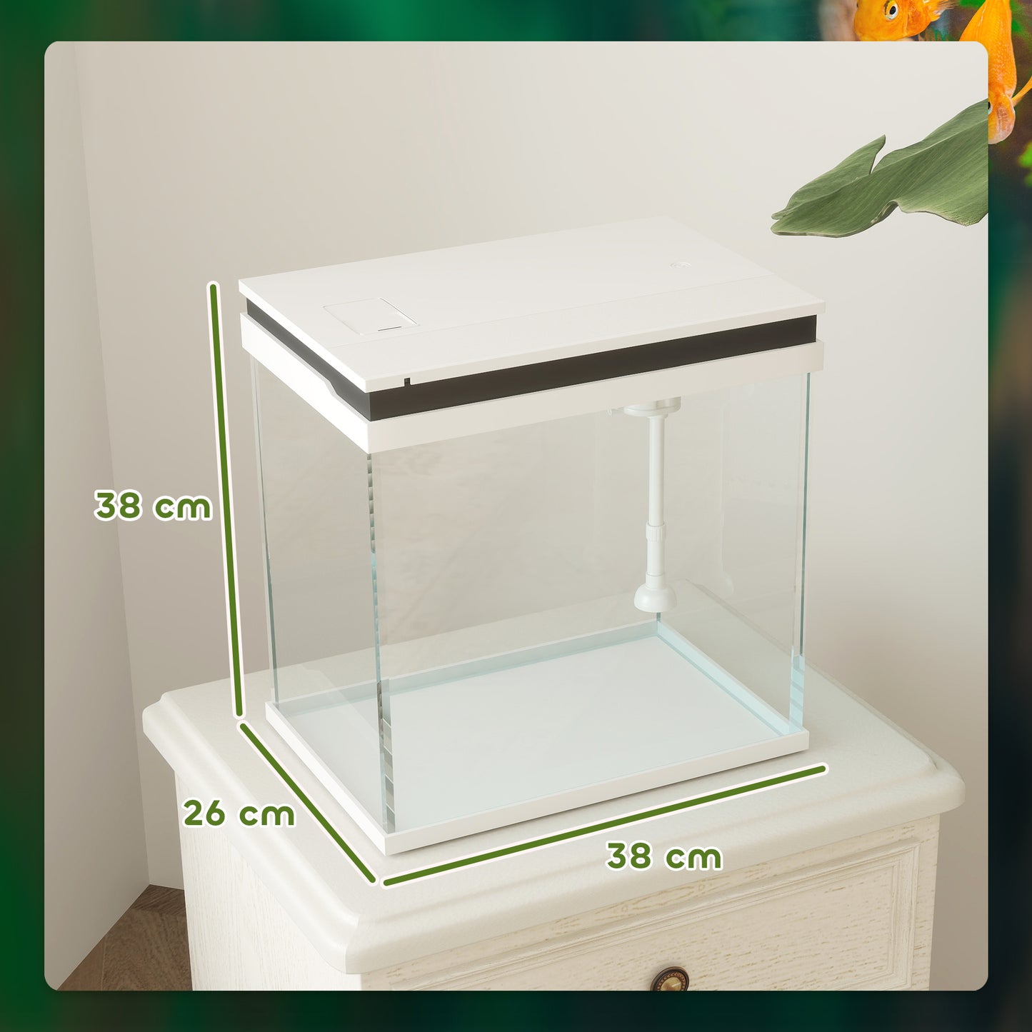 Fish Tank, 26L Glass Aquarium with Filter System, LED Lights, Water Pump, Small Fish Tank for Betta Fish, Goldfish, Shrimps, White