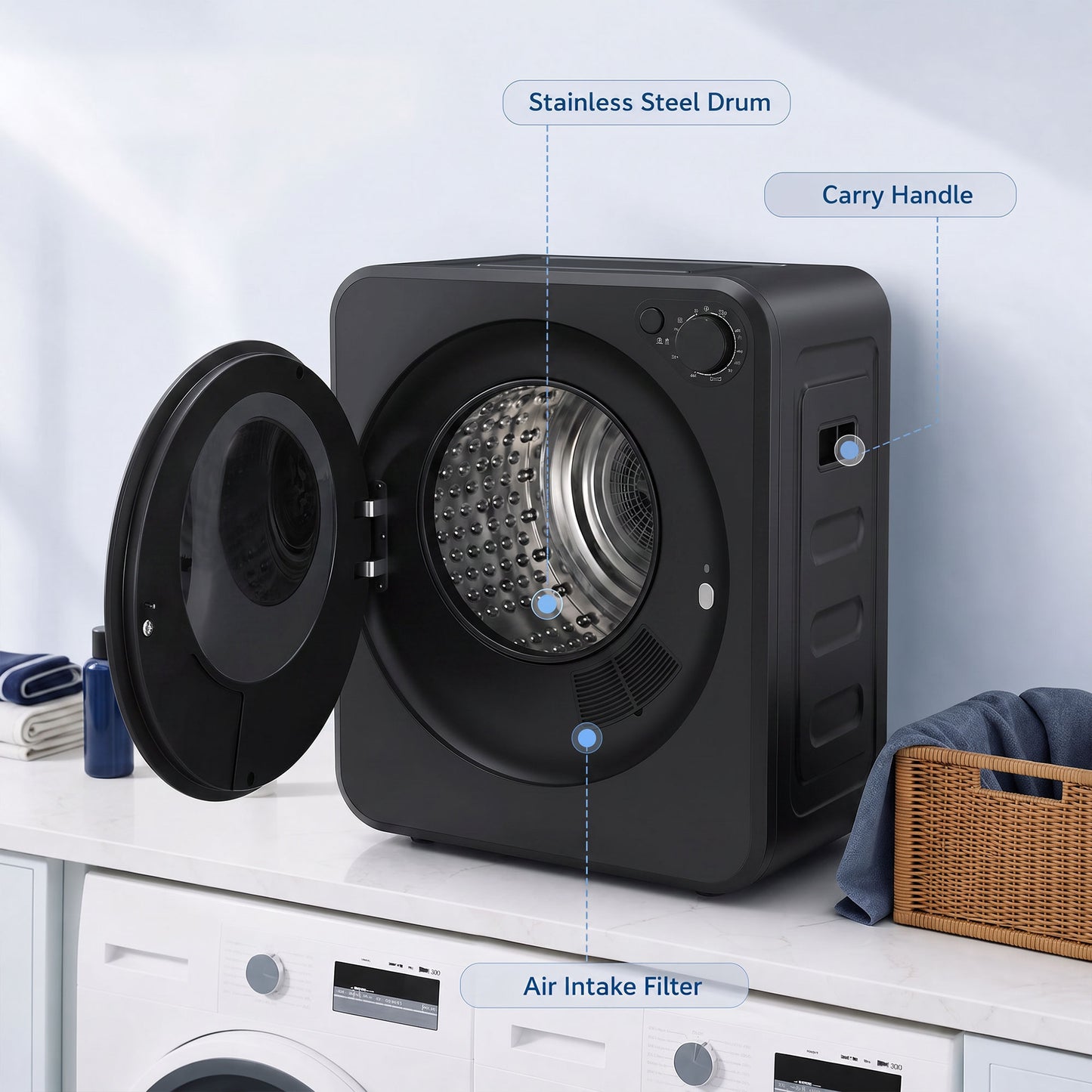 4kg Front Load Laundry Dryer with 2 Power Modes, Black