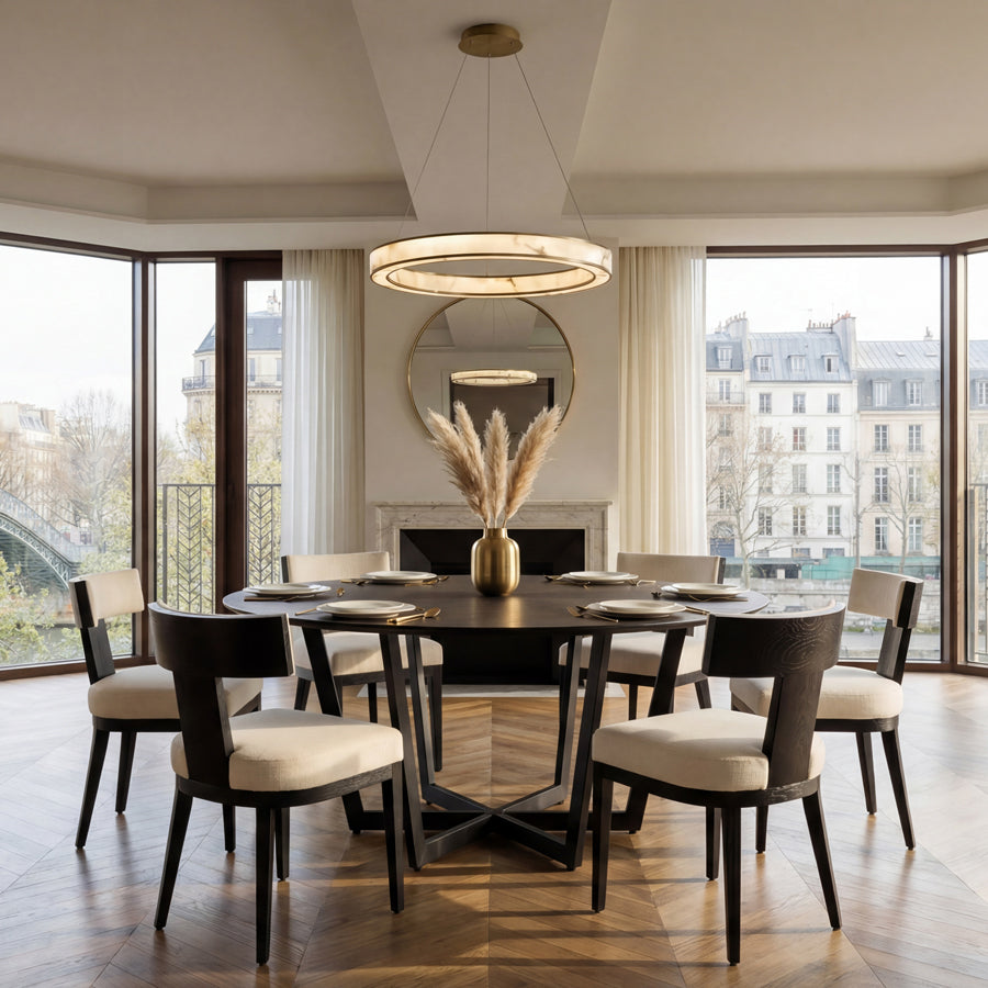Juno Circular Dining Table and 6 Vista Dining chairs