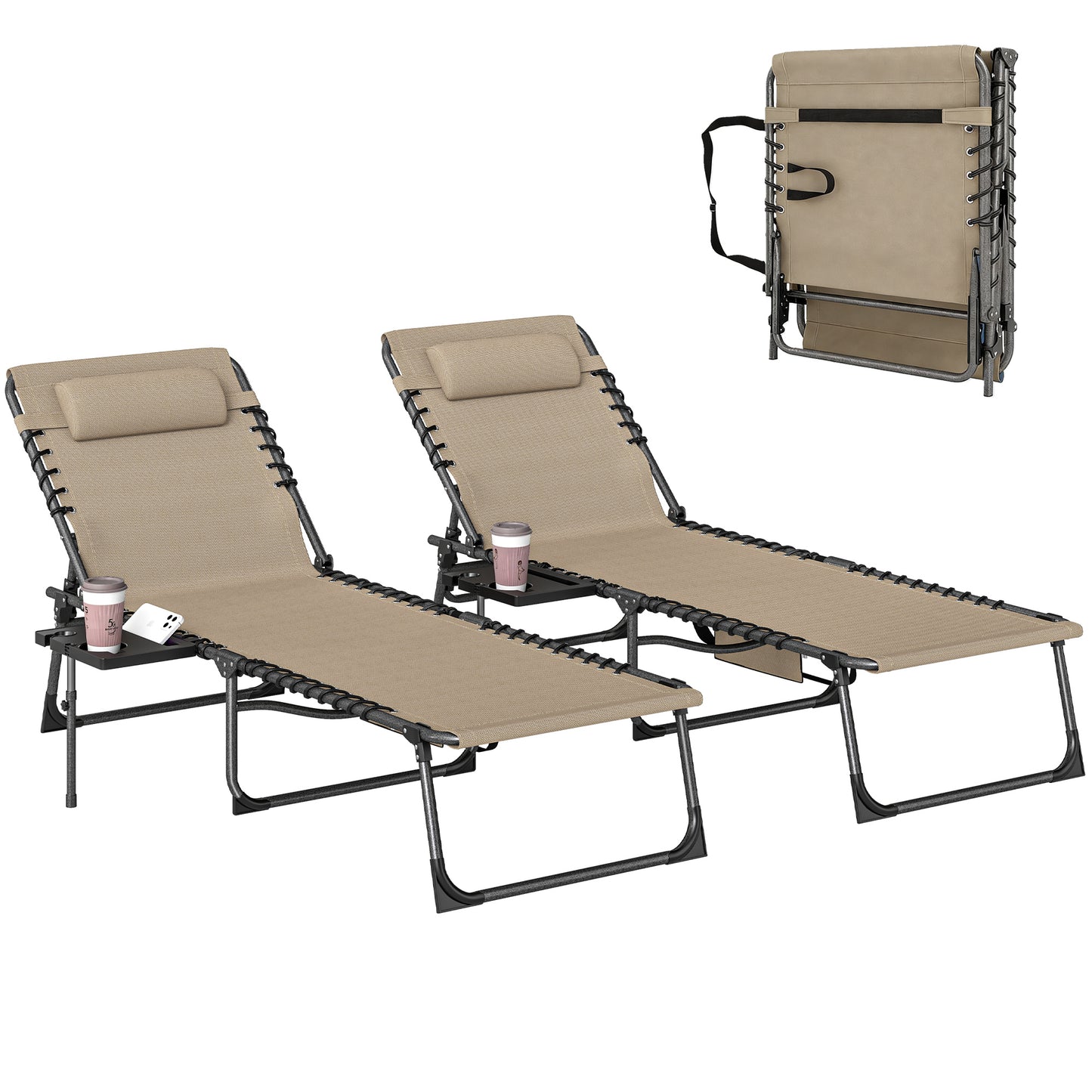 Folding Sun Loungers with 5-Level Back, Cup Holder, Beige