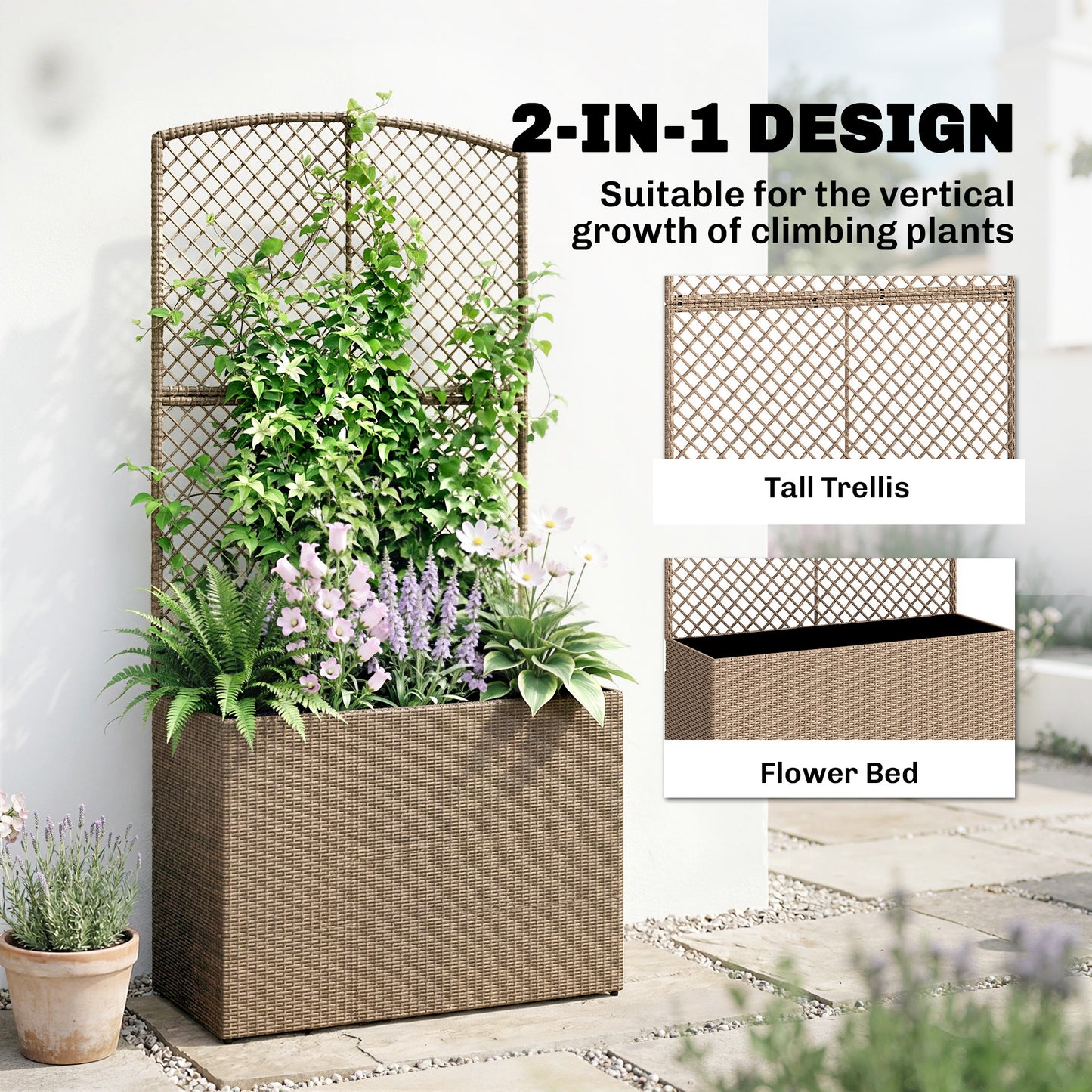 Garden Planter with Trellis, Rattan Raised Beds for Garden with Liner, Freestanding Outdoor Planter Box for Climbing Plants, Herbs, Vegetables, Flowers, 80 x 30 x 163 cm, Light Grey