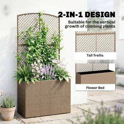 Garden Planter with Trellis, Rattan Raised Beds for Garden with Liner, Freestanding Outdoor Planter Box for Climbing Plants, Herbs, Vegetables, Flowers, 80 x 30 x 163 cm, Light Grey