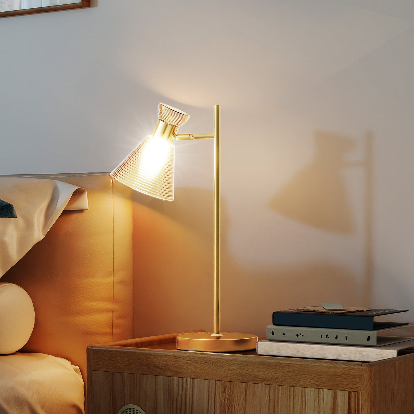 Table Lamp with Adjustable Head, Modern Bedside Lamp, Gold Tone