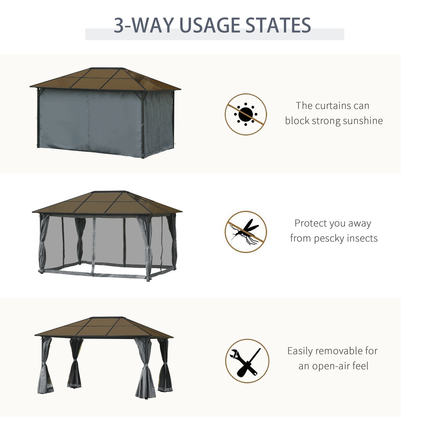 4 x 3(m) Garden Aluminium Gazebo Hardtop Roof Canopy Marquee Party Tent Patio Outdoor Shelter with Mesh Curtains & Side Walls - Grey