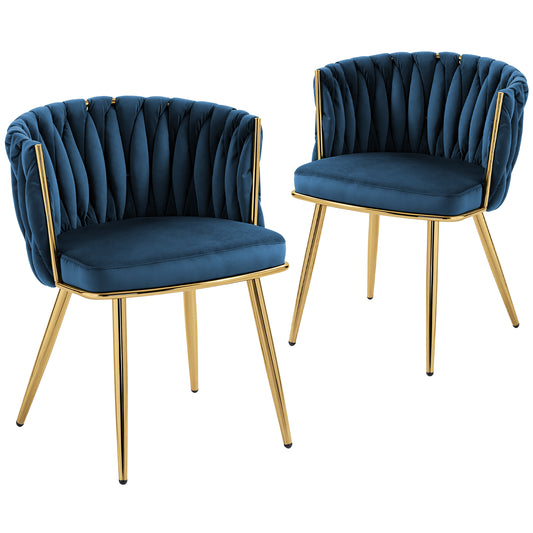 Upholstered Kitchen Chairs Set of 2 with Woven Backrest, Dark Blue