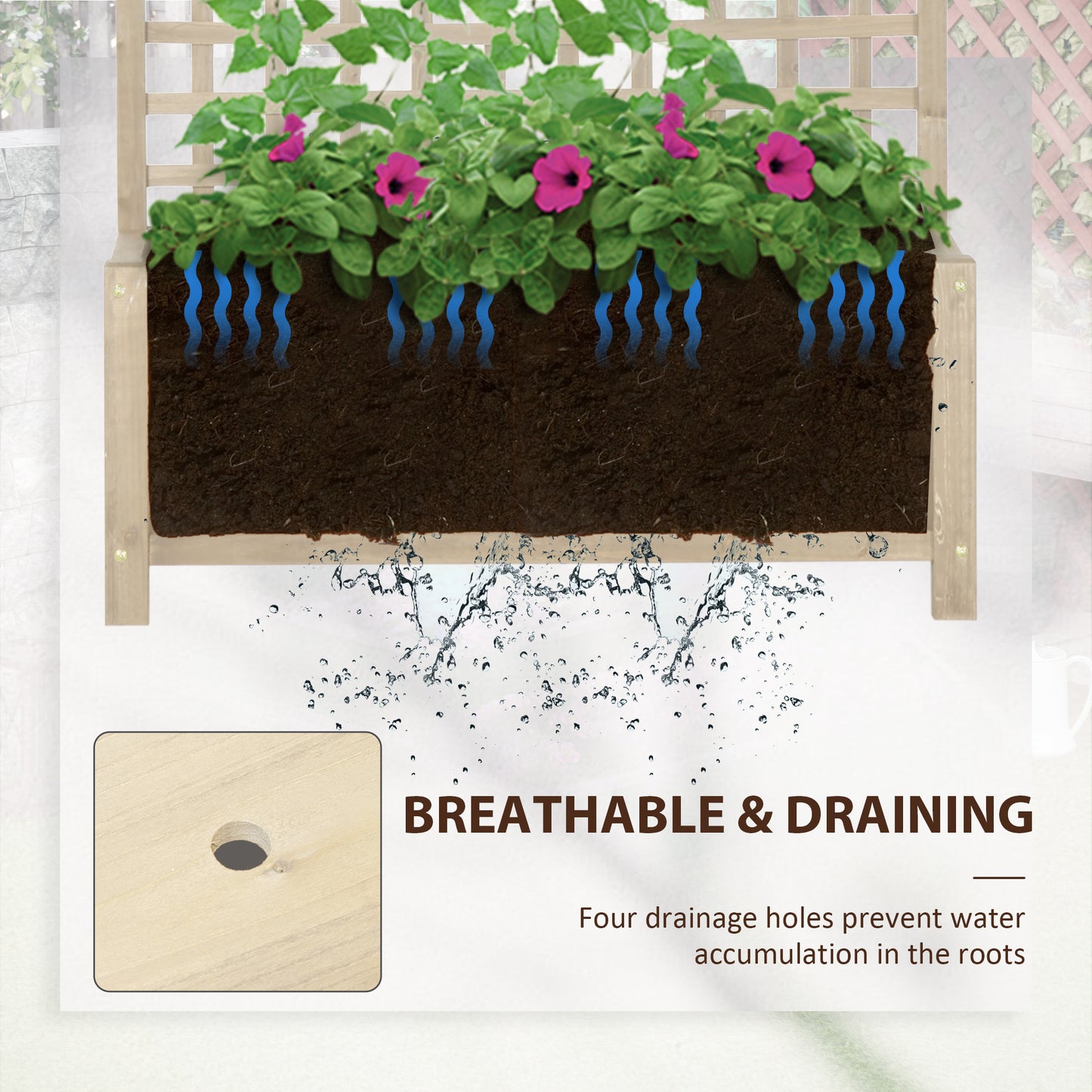 Raised Bed with Drainage Holes, Wood Planter with Trellis for Climbing Plants to Grow Vegetables, Flowers, Natural