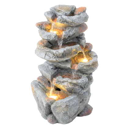 Outdoor Water Fountain with 6-Tier Rock Style, LED Lights, Grey
