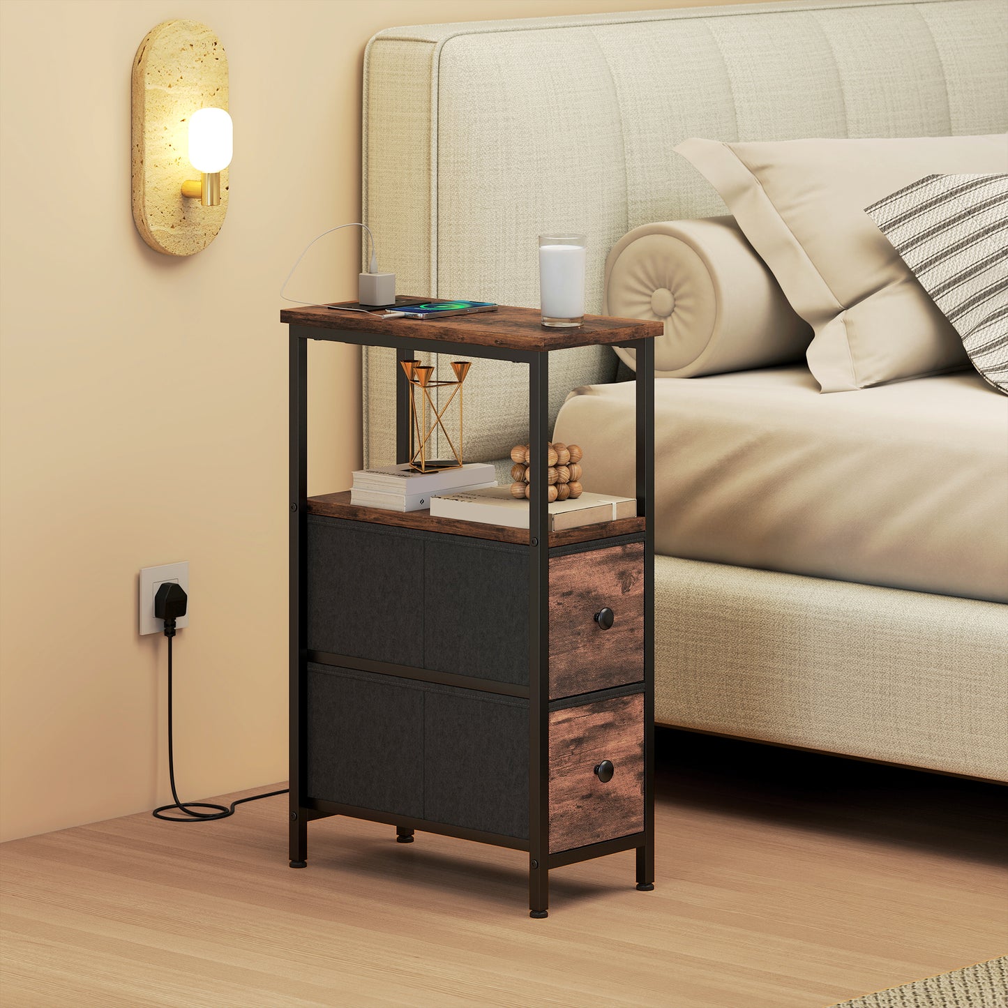 Side Table, Narrow Bedside Table with Charging Station, 2 Drawers