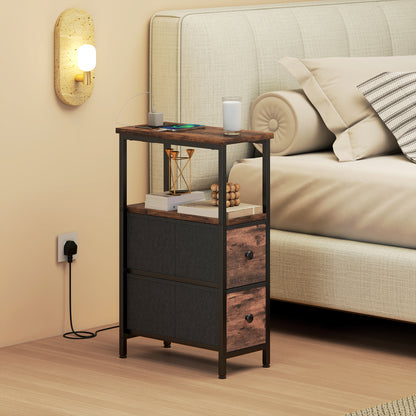 Side Table, Narrow Bedside Table with Charging Station, 2 Drawers
