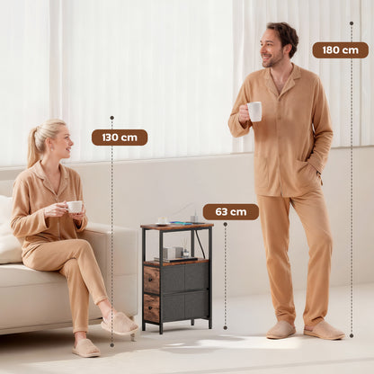 Side Table, Narrow Bedside Table with Charging Station, 2 Drawers