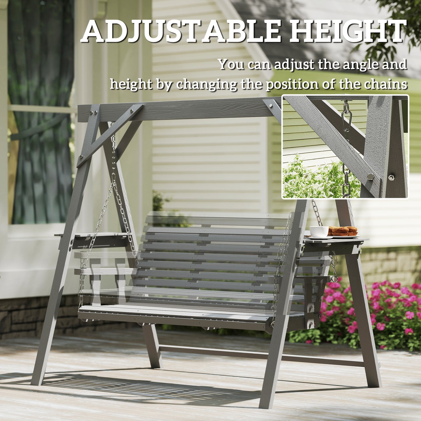 3 Seater Wooden Garden Swing Chair with Side Tables, Dark Grey