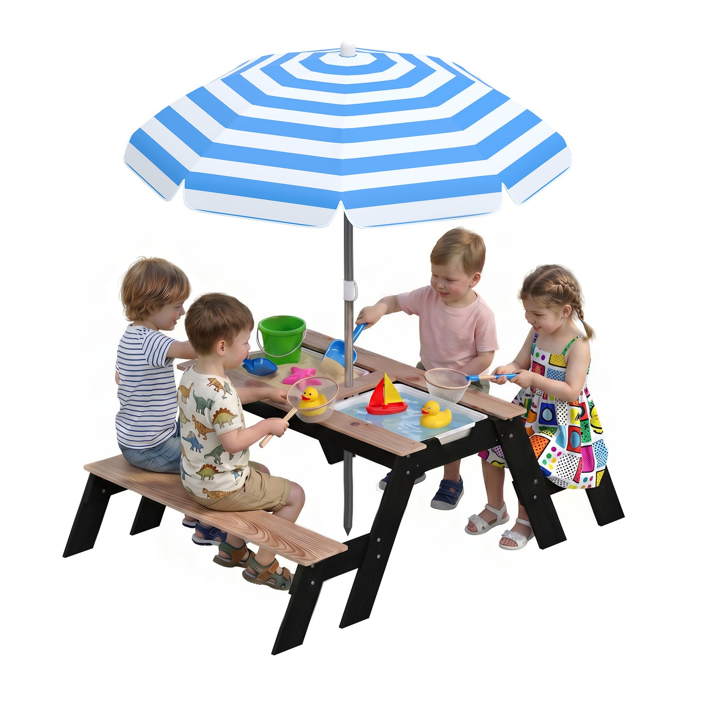 Picnic Table for Kids with Sunshade Parasol, 3 in 1 Wooden Sand and Water Table with 2 Hidden Play Boxes, Kids Garden Furniture for Patio, Garden, Ages 3-6, Natural Wood