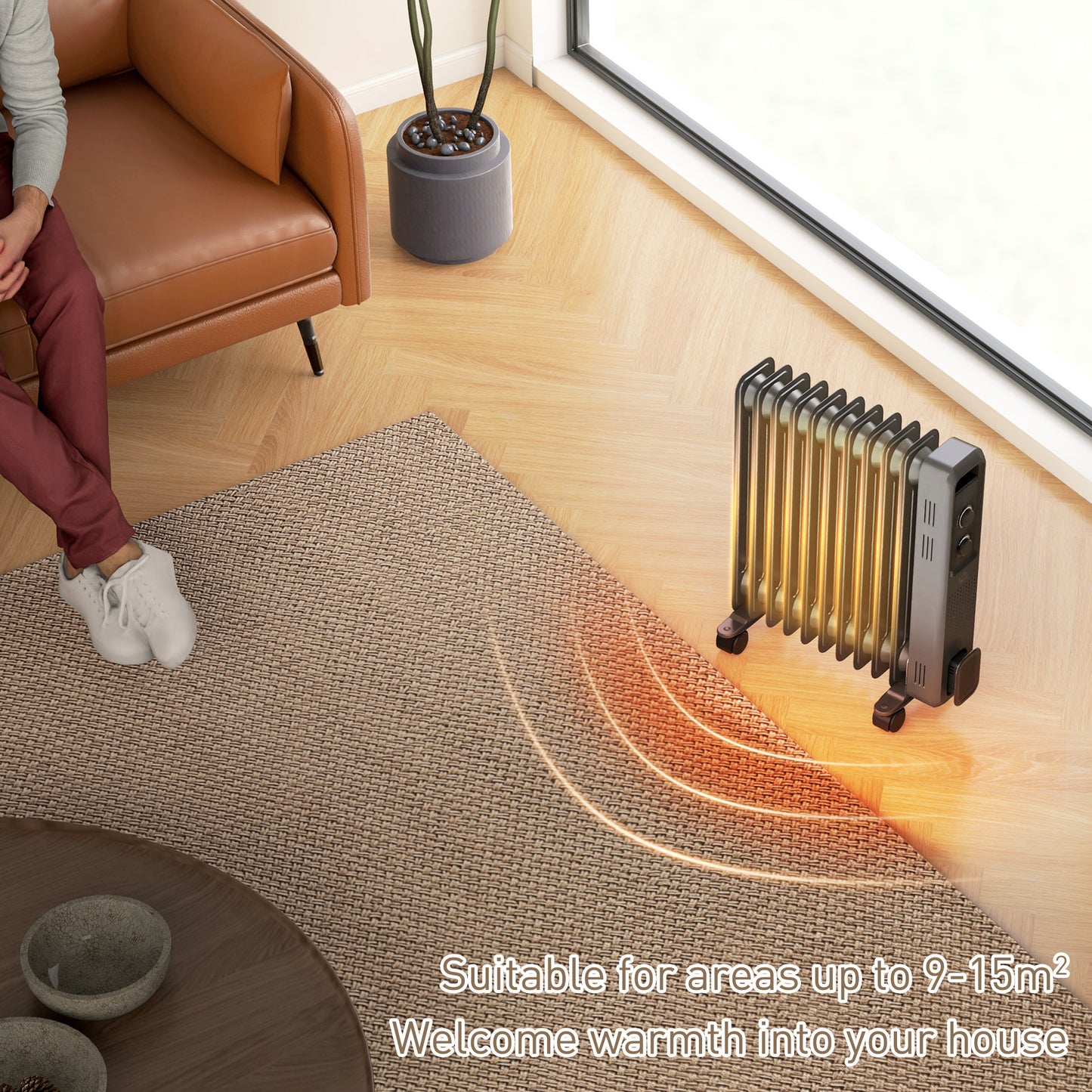 Oil Filled Radiator Portable Heater W/ 11 Fin, 3 Heat Settings, Grey