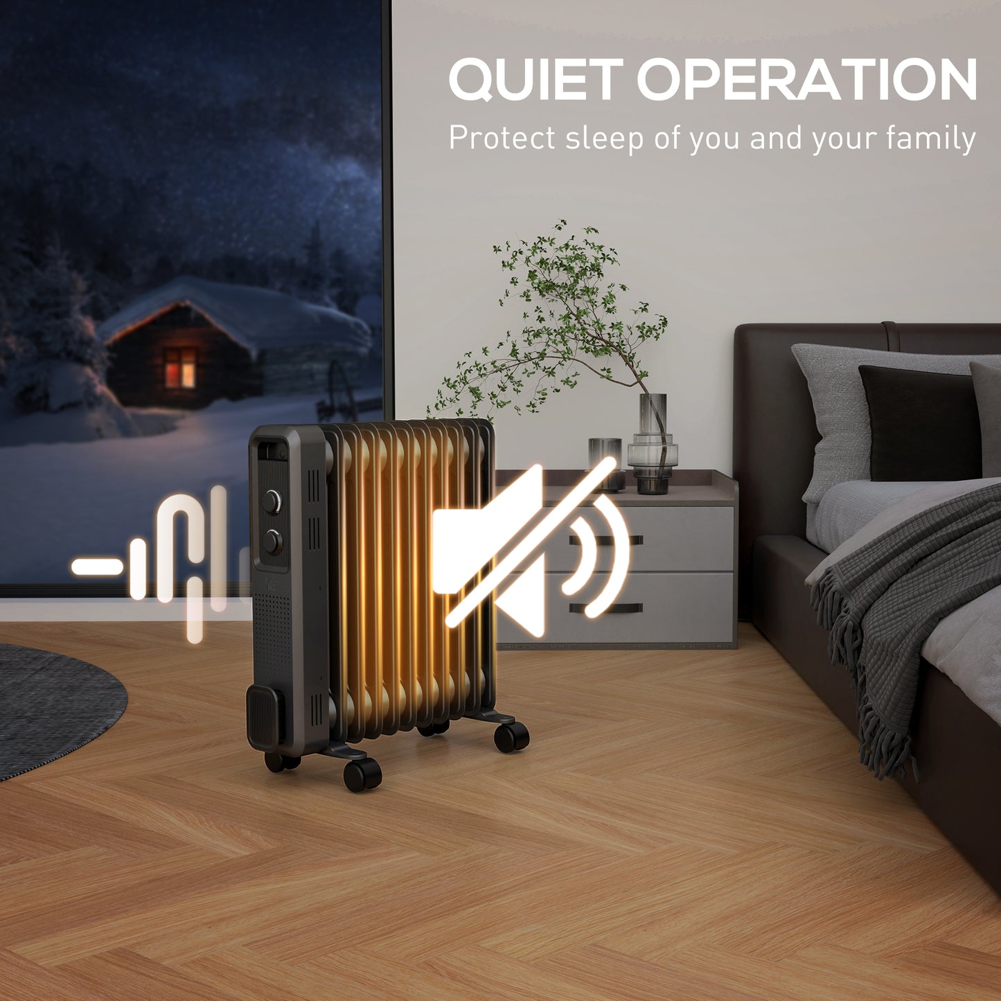 Oil Filled Radiator Portable Heater W/ 11 Fin, 3 Heat Settings, Grey