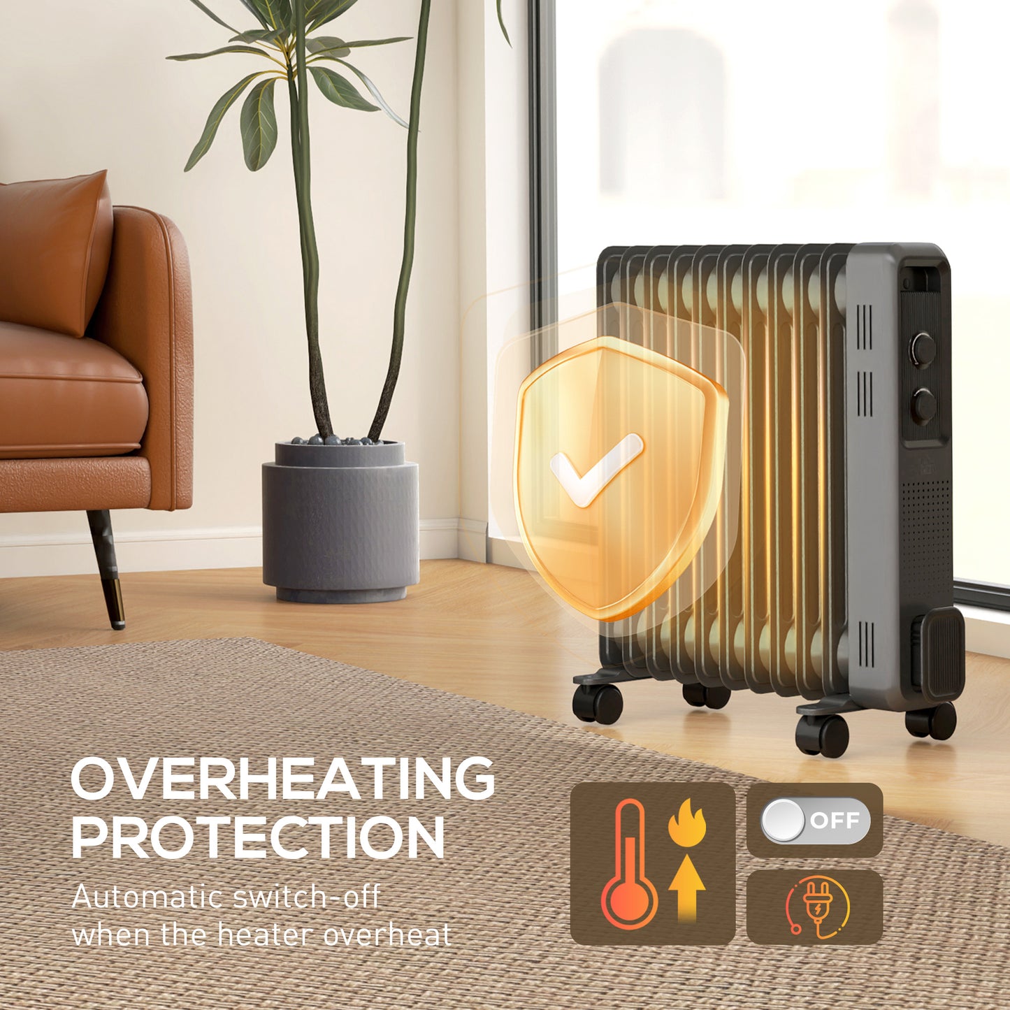 Oil Filled Radiator Portable Heater W/ 11 Fin, 3 Heat Settings, Grey
