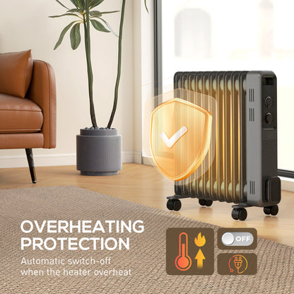 Oil Filled Radiator Portable Heater W/ 11 Fin, 3 Heat Settings, Grey