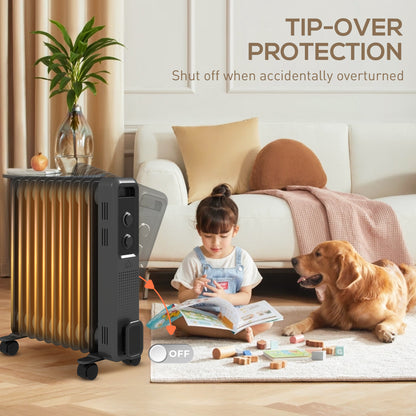 Oil Filled Radiator Portable Heater W/ 11 Fin, 3 Heat Settings, Grey