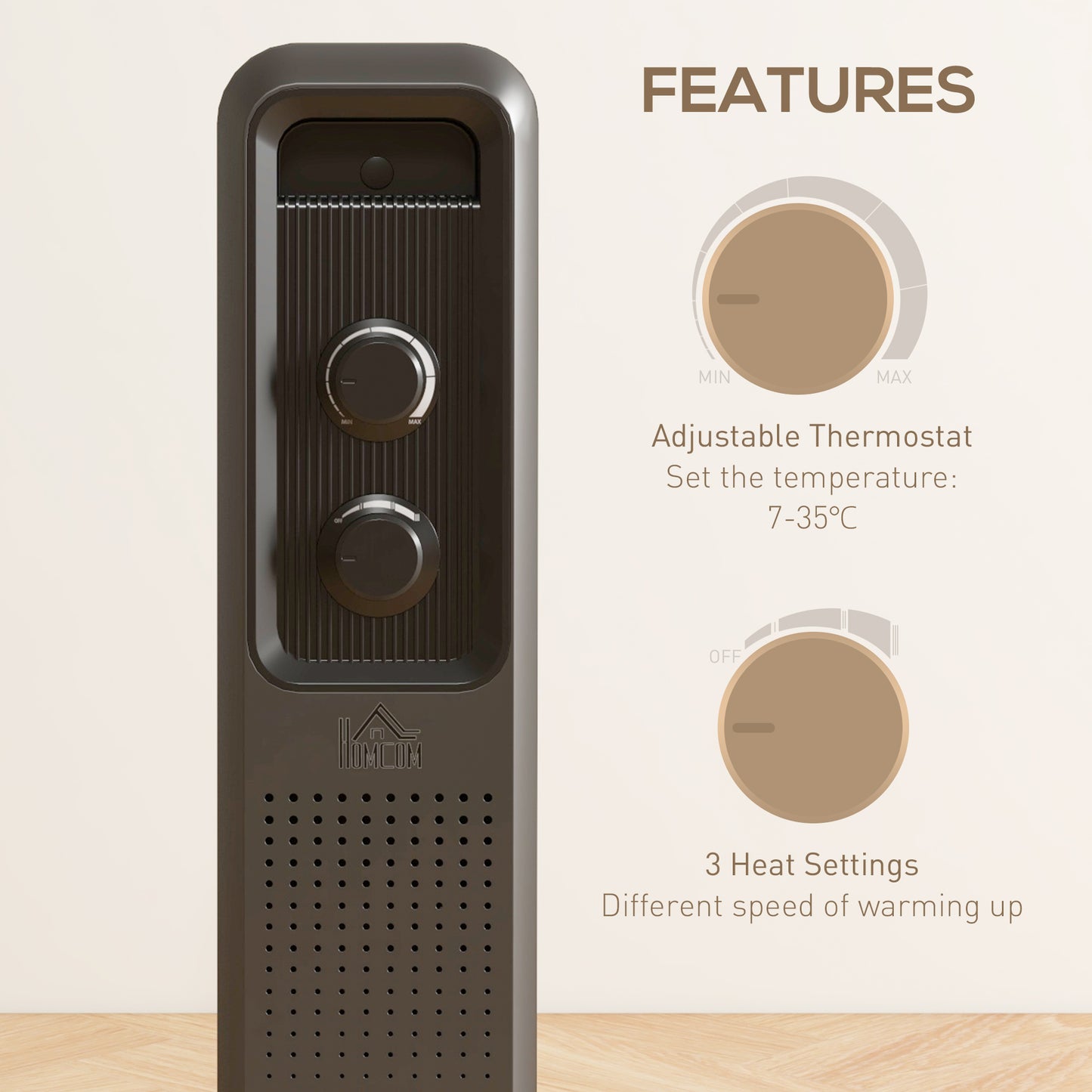 Oil Filled Radiator Portable Heater W/ 11 Fin, 3 Heat Settings, Grey