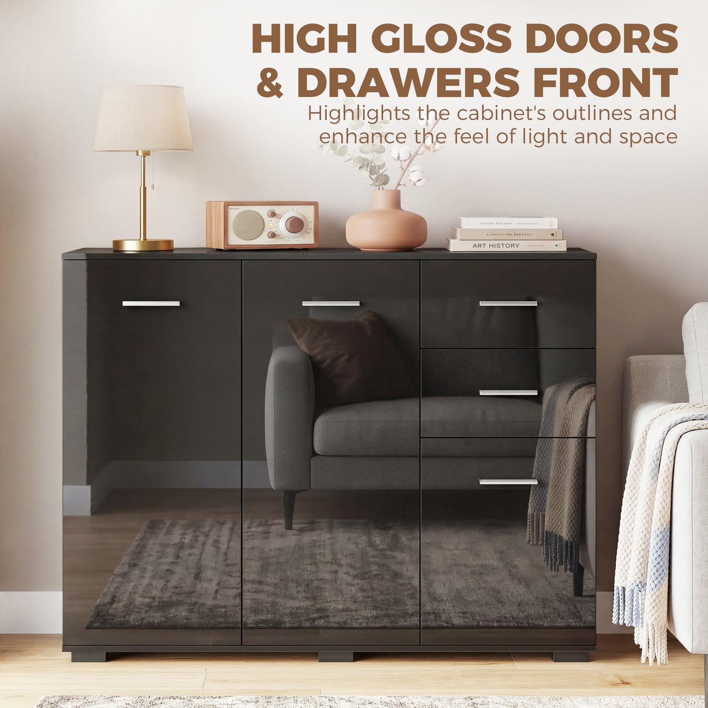 Modern Sideboard Kitchen Storage Cabinet, High Gloss Black
