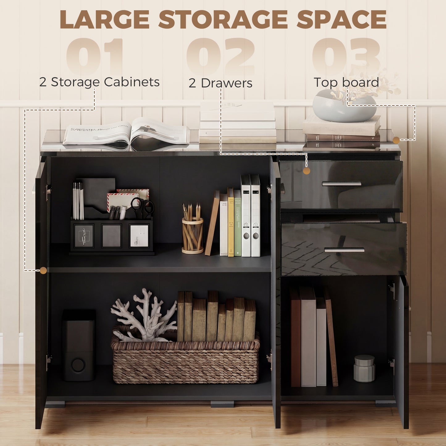 Modern Sideboard Kitchen Storage Cabinet, High Gloss Black