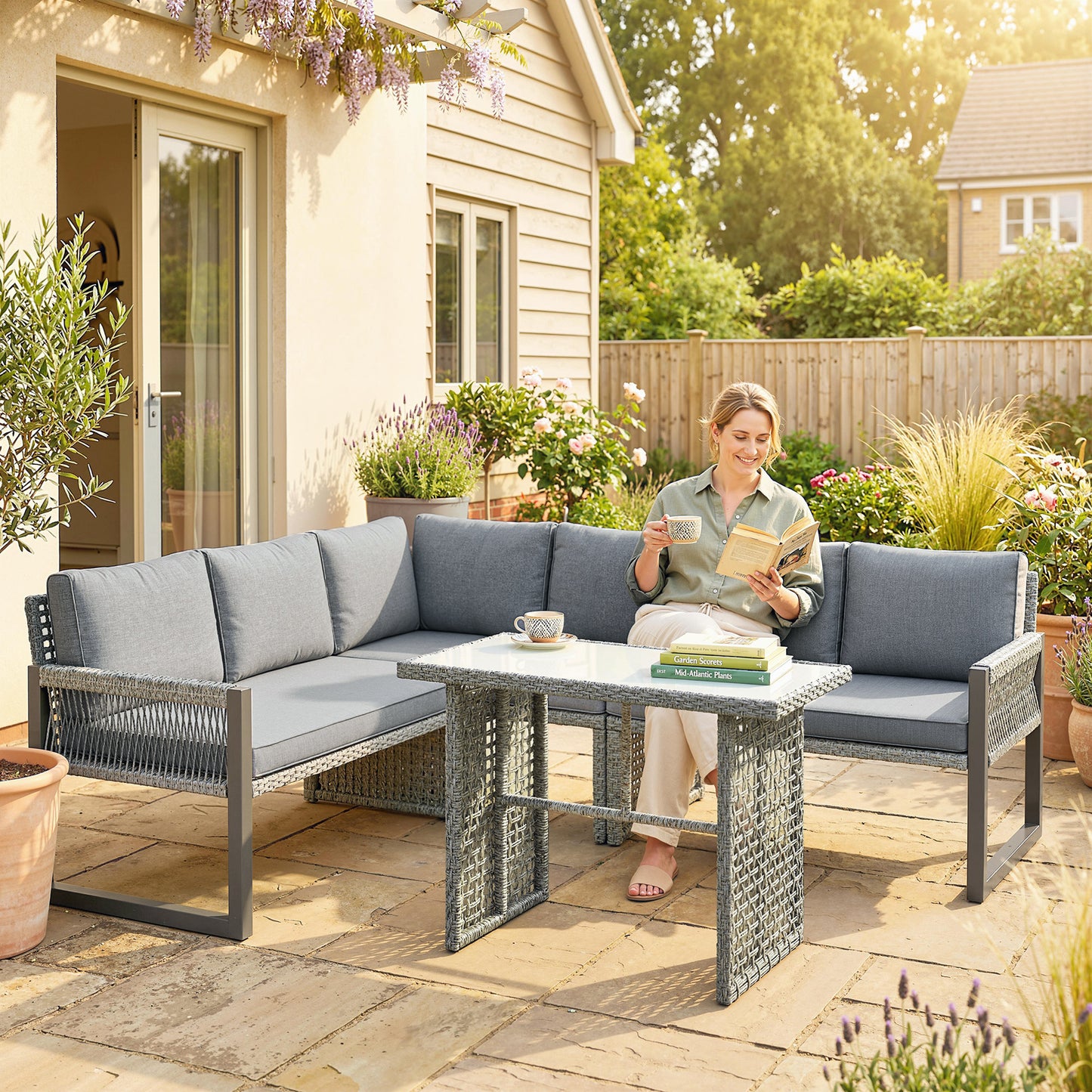 4 Piece Rattan Garden Furniture Set with 3 Loveseats, Table, Grey