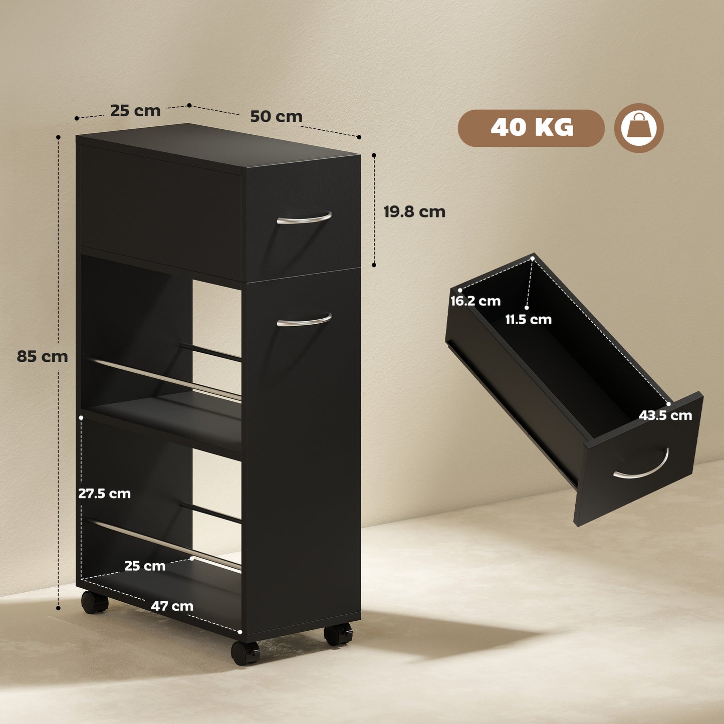 Rolling Storage Unit with Drawer Surface Top and 4 Wheels, Black