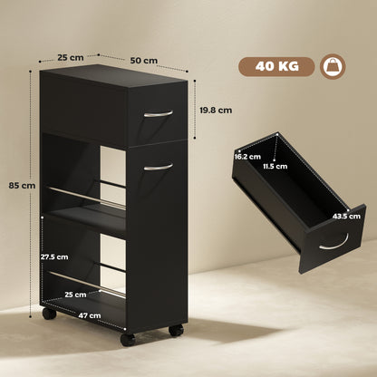 Rolling Storage Unit with Drawer Surface Top and 4 Wheels, Black