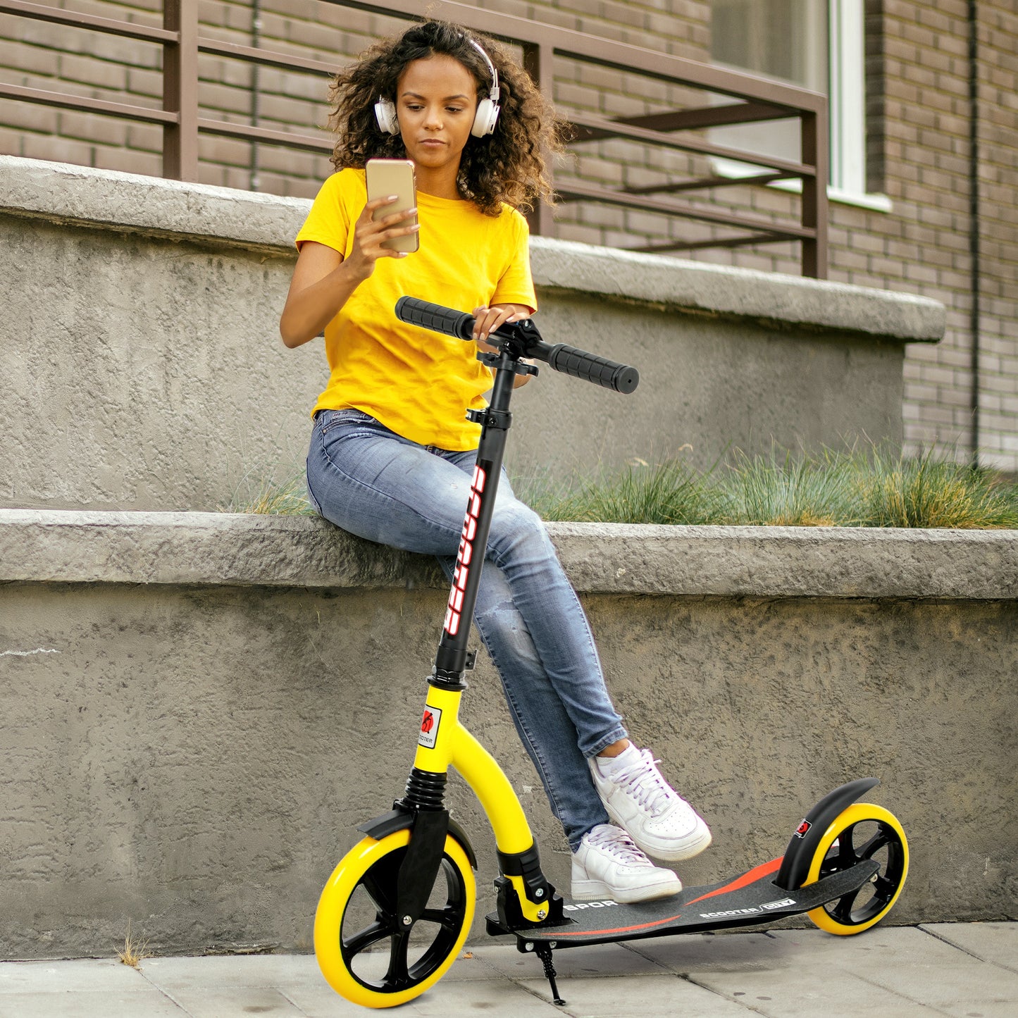 Teens Adult Kick Scooter Foldable Adjust Aluminium For 14+ Yellow