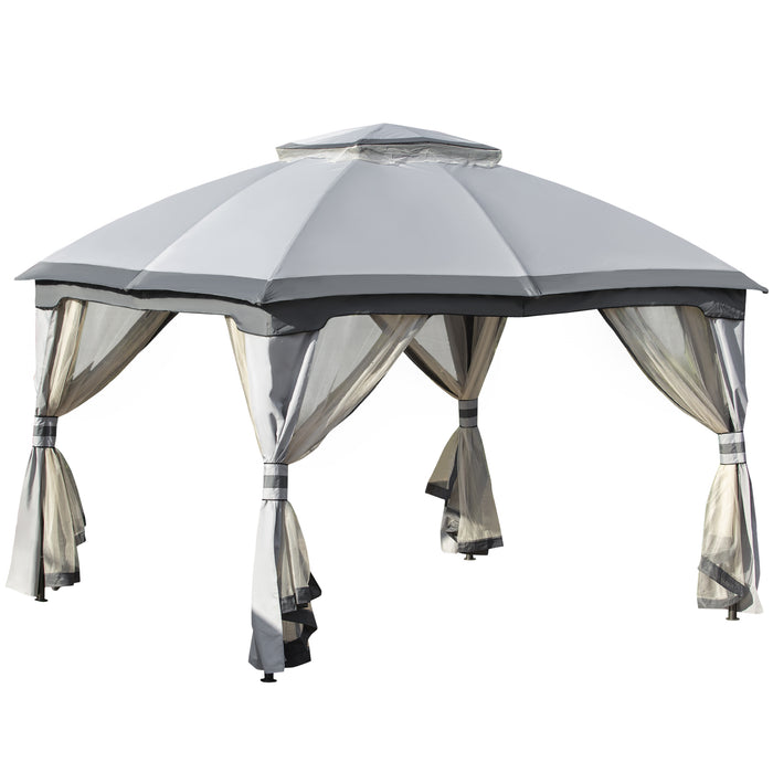 3.7 x 3(m) Metal Gazebo Canopy Party Tent Garden Patio Shelter with Netting Sidewalls & Double Tiered Roof, Grey