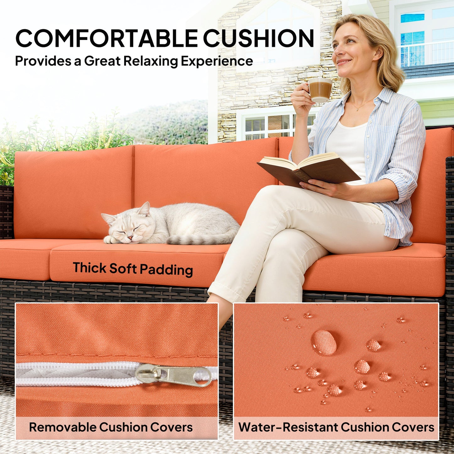 Rattan Wicker 3-seater Sofa Chair Patio Furniture, Orange