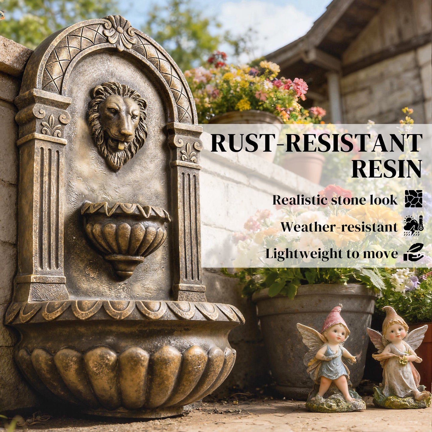 Wall-Mounted Water Fountain, Garden Water Feature with LED Lights