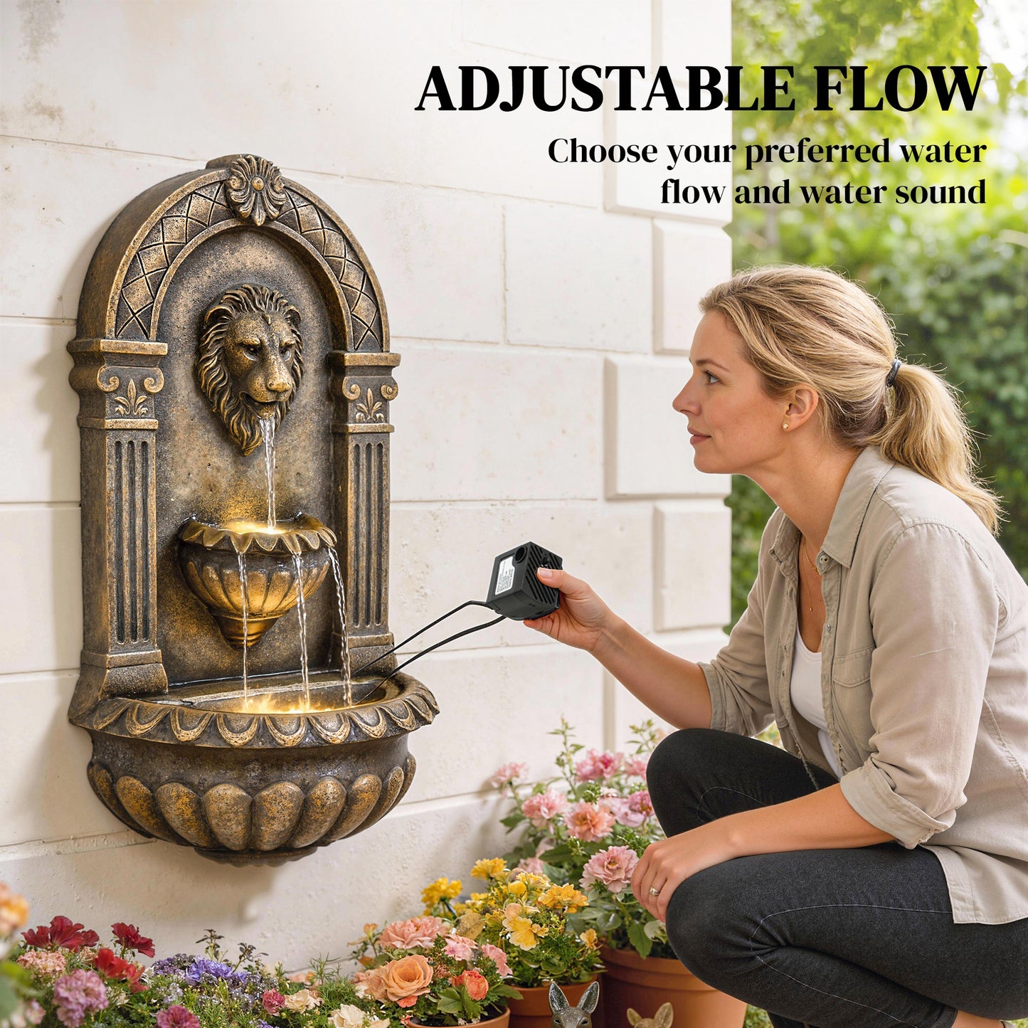 Wall-Mounted Water Fountain, Garden Water Feature with LED Lights