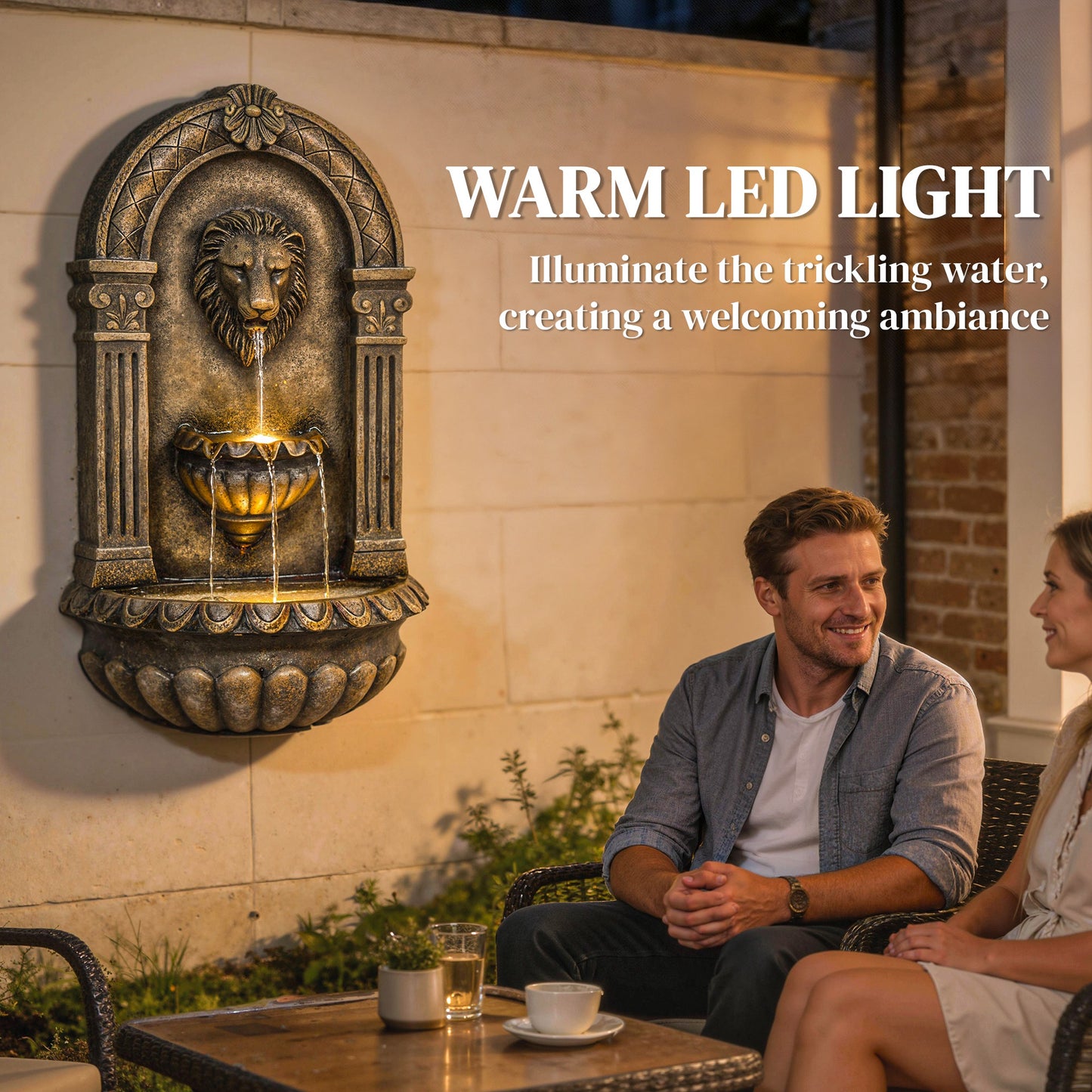 Wall-Mounted Water Fountain, Garden Water Feature with LED Lights