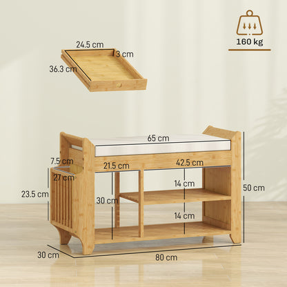 Shoe Bench with Cushioned Seat, Shoe Storage Bench with Side Holder and Boot Section, 2-Tier Natural Bamboo Entryway Rack for Hallway, Living Room, 80 x 30 x 50 cm, Natural and Cream