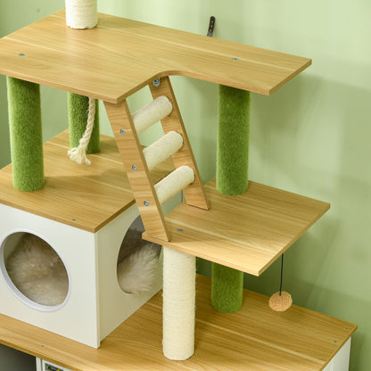 2-in-1 Hidden Litter Box with Green Leaf Cat Tree, Indoor - Oak