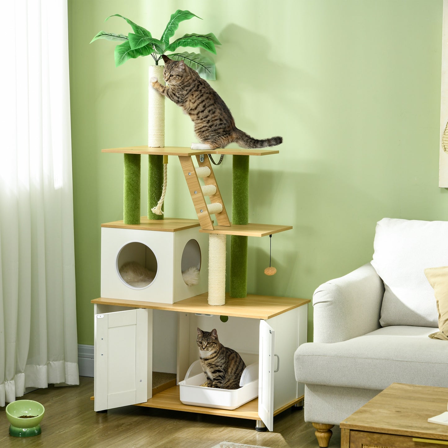 2-in-1 Hidden Litter Box with Green Leaf Cat Tree, Indoor - Oak