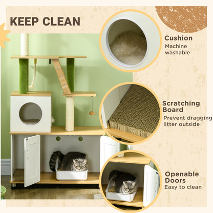 2-in-1 Hidden Litter Box with Green Leaf Cat Tree, Indoor - Oak